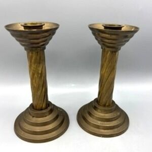 Vtg Brass Candlestick Holders Pair Twisted Swirl Column Stepped‎ Base Decor